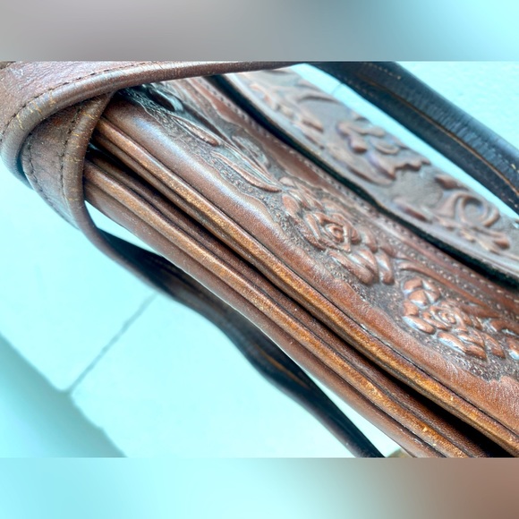 VINTAGE Boho 60-70’s hippy, embossed rose, rich brown leather S-M handbag - Picture 11 of 16